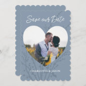 Dusty Blue Foto Heart Frame Save the Date Einladung (Vorne/Hinten)