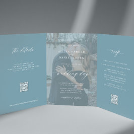 Dusty Blue Foto Hochzeit RSVP Details QR Code Dreifach Gefaltete Einladung