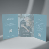 Dusty Blue Foto Hochzeit RSVP Details QR Code Dreifach Gefaltete Einladung