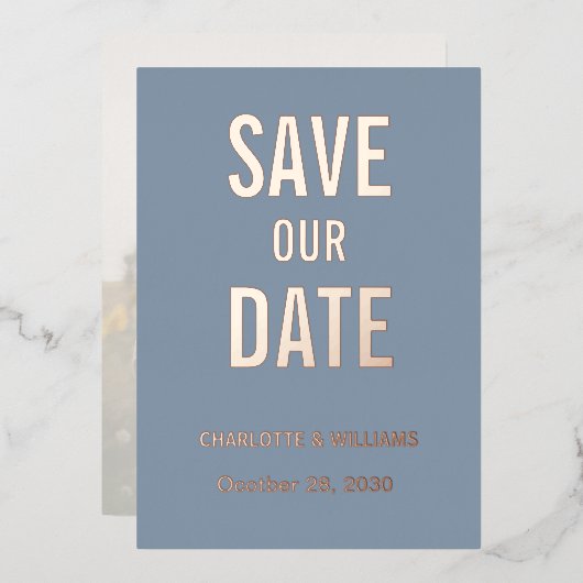 Dusty Blue Foto Overlay Save the Date Gold Folieneinladung (Vorderseite/Rückseite)