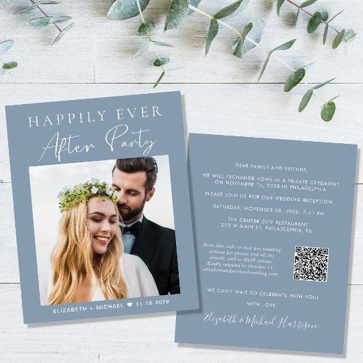 Dusty Blue Foto QR Code Hochzeitsempfang Einladung