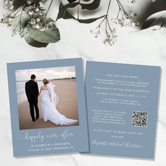 Dusty Blue Foto QR Code Hochzeitsempfang Einladung