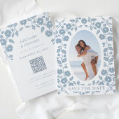 Dusty Blue Foto QR Code Website Folk Floral Save The Date