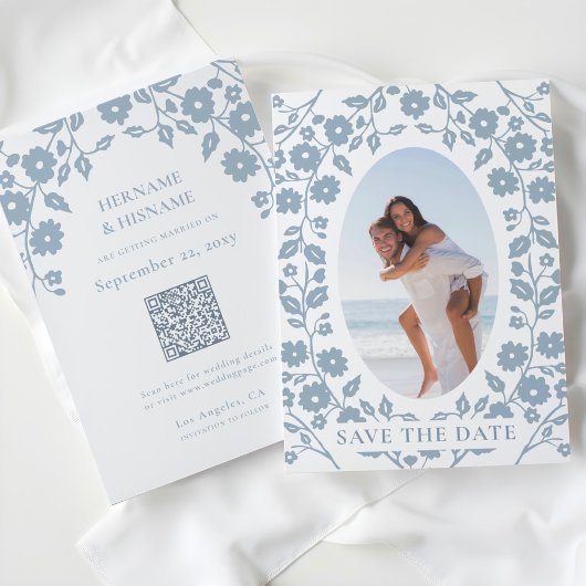Dusty Blue Foto QR Code Website Folk Floral Save The Date