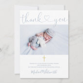 Dusty Blue Foto Signature Script Taufe Herz Dankeskarte (Vorderseite)