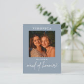 Dusty Blue Foto Trauzeugin Boho Vorschlagkarte (Stehend Vorderseite)