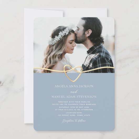 Dusty Blue Foto Wedding Einladung mit QR Code (Vorderseite)