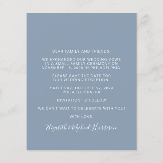 Dusty Blue Foto Wedding Reception Save the Date (Rückseite)