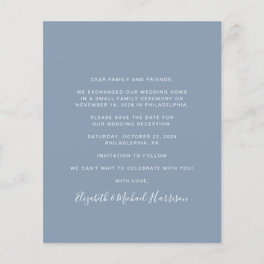 Dusty Blue Foto Wedding Reception Save the Date (Rückseite)