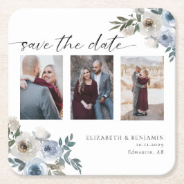 Dusty Blue Foto Wedding Save the Date Elegant Rechteckiger Pappuntersetzer