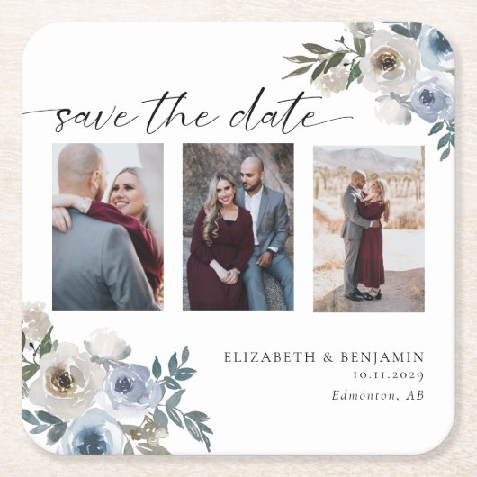 Dusty Blue Foto Wedding Save the Date Elegant Rechteckiger Pappuntersetzer (Vorderseite)