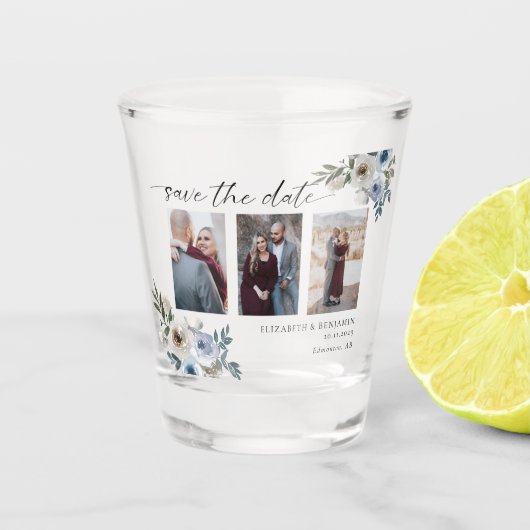 Dusty Blue Foto Wedding Save the Date Elegant Schnapsglas (Vorderseite)