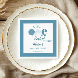 Dusty Blue Framed Onederful World First Birthday Serviette