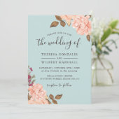 Dusty Blue Französisch Landschaft Blush Floral Wed Einladung (Stehend Vorderseite)