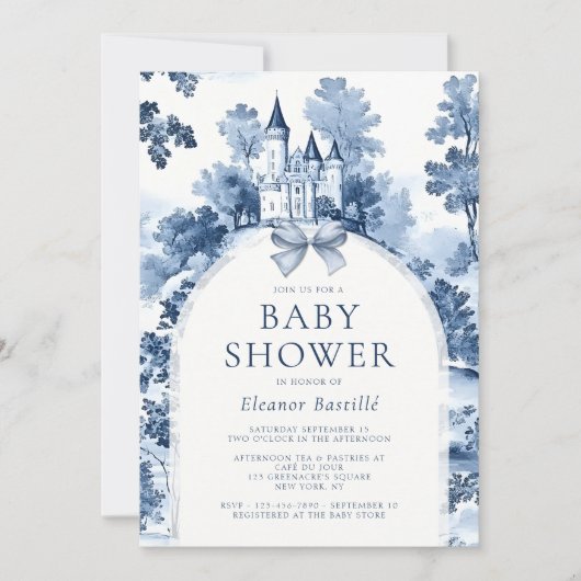 Dusty Blue French Baby Dusche Einladung (Vorderseite)