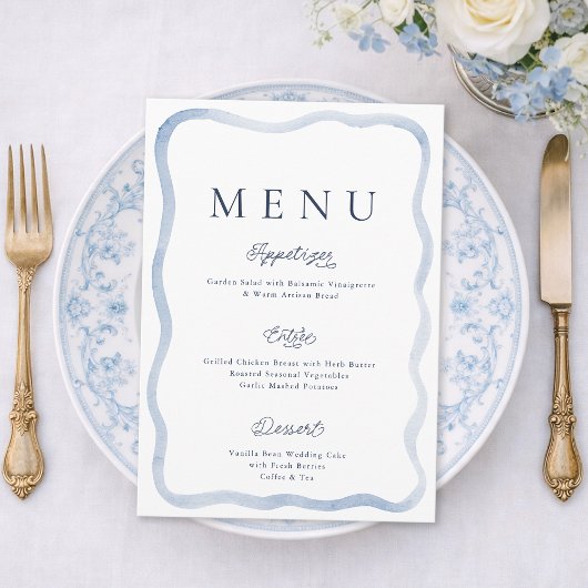 Dusty Blue French Estate Wedding Menu Card Einladung