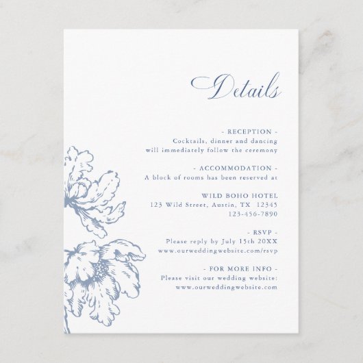 Dusty Blue French Floral Wedding Details Begleitkarte (Vorderseite)