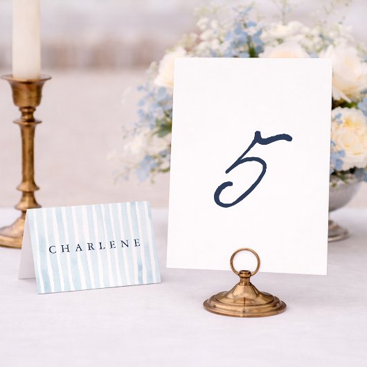 Dusty Blue French Stripe Wedding Table Number 5 Einladung