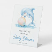 Dusty Blue Funny Dolphin Baby Dusche Willkommen Sockelschild (Vorderseite)
