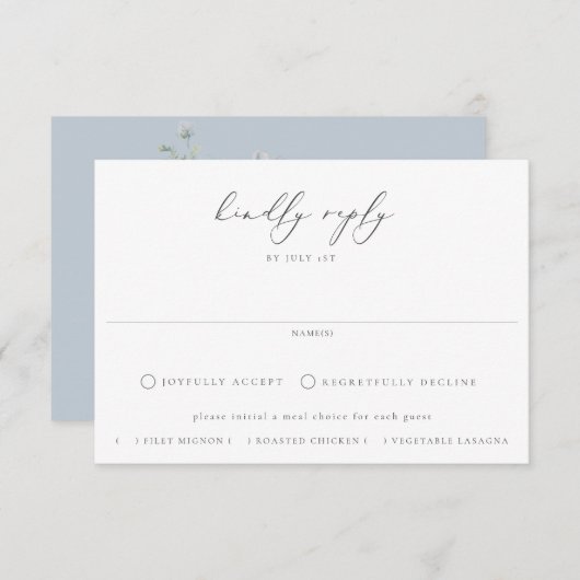 Dusty Blue Garden Blumenküche Hochzeit RSVP Karte (Vorne/Hinten)