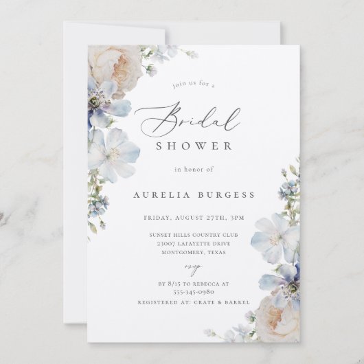 Dusty Blue Garden Floral Brautparty Einladung (Vorderseite)