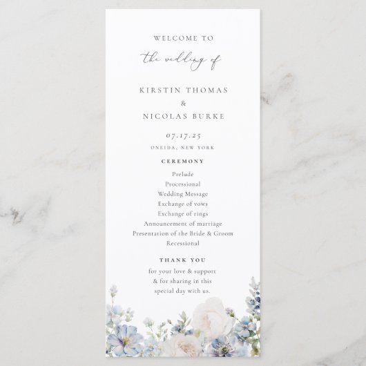 Dusty Blue Garden Floral Wedding Programm (Vorderseite)