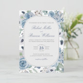 Dusty Blue Garden Rose Florenz Elegante Hochzeit Einladung (Stehend Vorderseite)