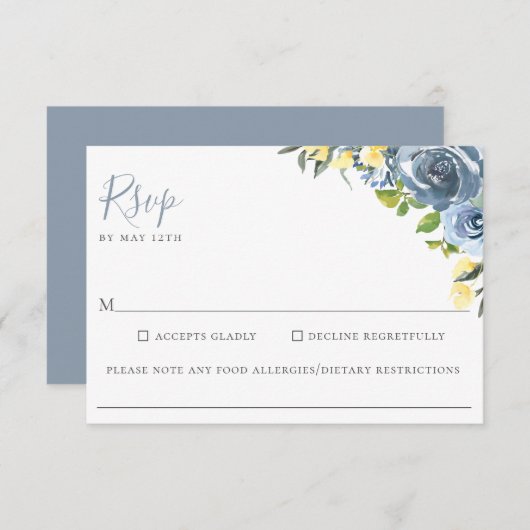 Dusty Blue Gelb Floral Wedding Food Allergie UAWG RSVP Karte (Vorne/Hinten)