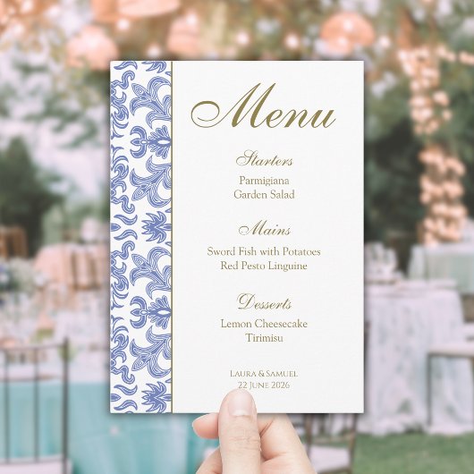 Dusty Blue Gemustert Wedding Menu Menükarte