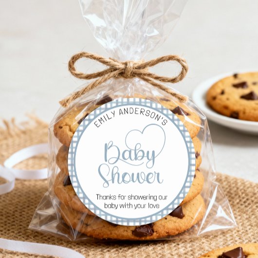 Dusty Blue Gingham Baby Shower Favor Sticker