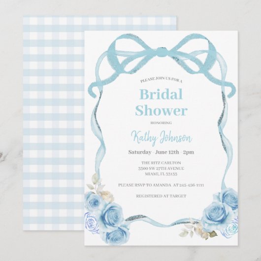 Dusty Blue Gingham Bow Bridal Dusche Einladung (Vorne/Hinten)