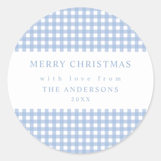 Dusty Blue Gingham Christmas Runder Aufkleber (Vorderseite)