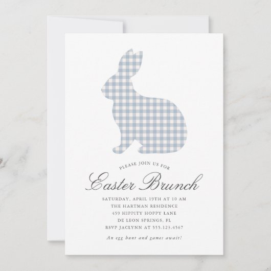 Dusty Blue Gingham Rabbit Oaster Brunch Einladung (Vorderseite)