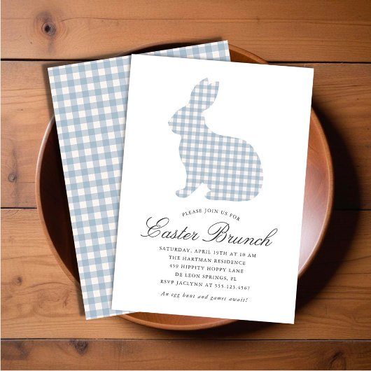 Dusty Blue Gingham Rabbit Oaster Brunch Einladung