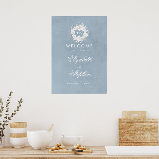 Dusty Blue Gipskraut Wedding Welcome Sign Poster (Küche)