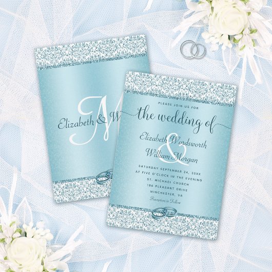 Dusty Blue Glitzer Monogram Wedding Einladung