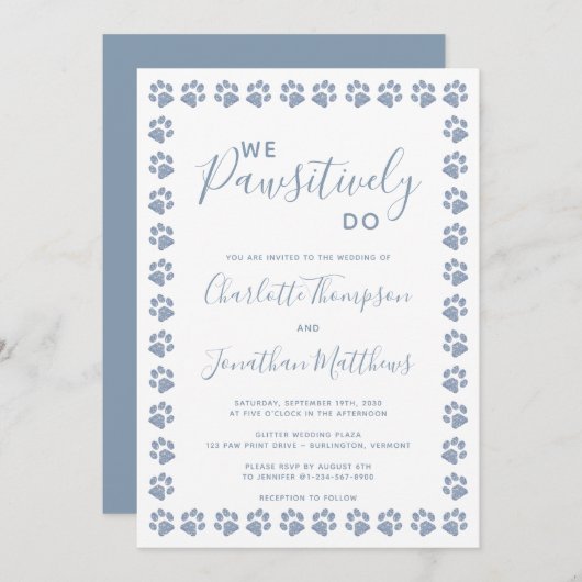 Dusty Blue Glitzer Paw Prints Hochzeitseinladung Einladung (Vorne/Hinten)