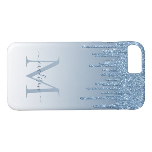 Dusty Blue Glitzer Tropfen Sparkle Monogram Script Case-Mate iPhone Hülle (Rückseite (Horizontal))
