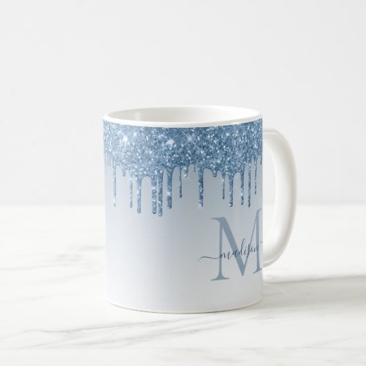 Dusty Blue Glitzer Tropfen Sparkle Monogram Script Kaffeetasse (VorderseiteRechts)