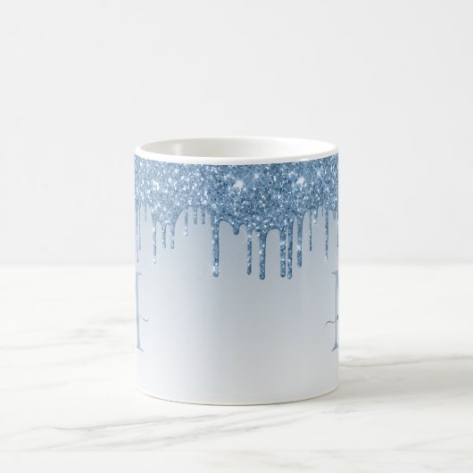 Dusty Blue Glitzer Tropfen Sparkle Monogram Script Kaffeetasse (Mittel)