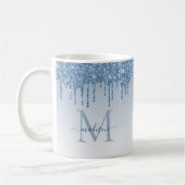 Dusty Blue Glitzer Tropfen Sparkle Monogram Script Kaffeetasse (Links)
