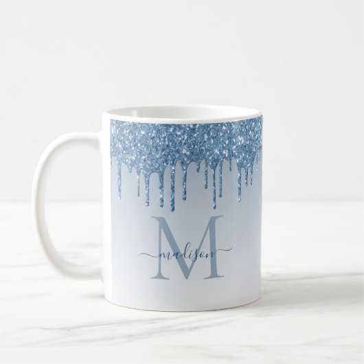 Dusty Blue Glitzer Tropfen Sparkle Monogram Script Kaffeetasse (Links)