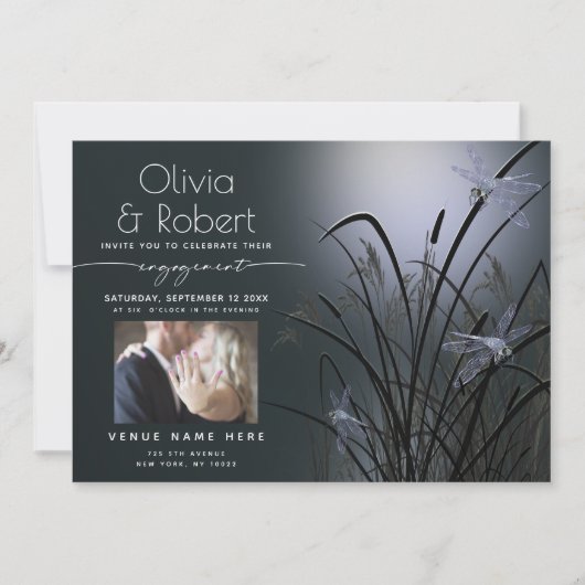 Dusty Blue Glow Verlobung Moonlight Dragonfly Einladung (Vorderseite)