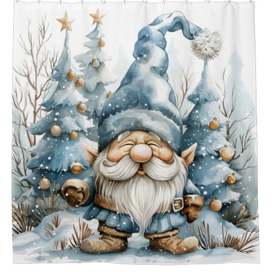 Dusty Blue Gnome und Weihnachtsbäume Duschvorhang (Vorderseite)