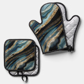 DUSTY BLUE & GOLD AGATE SEHEN ABSTRAKT OFENHANDSCHUH & Topflappen-Set (Vorderseite/Rückseite)