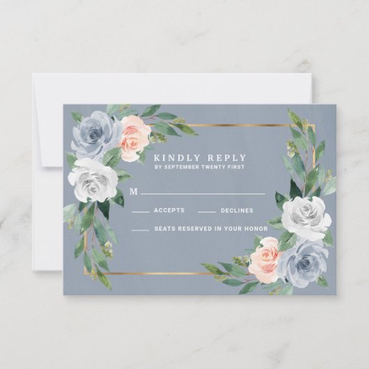 Dusty Blue Gold Blush Peach Wedding RSVP Cards (Vorderseite)