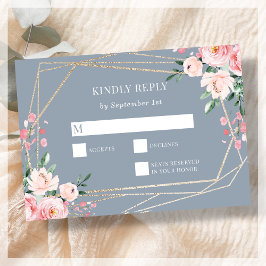 Dusty Blue | Gold | Blush Pink Floral Wedding RSVP Karte
