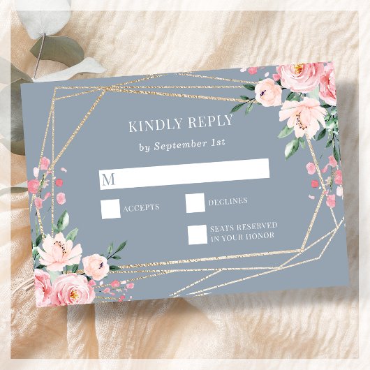 Dusty Blue | Gold | Blush Pink Floral Wedding RSVP Karte