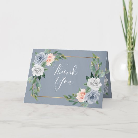 Dusty Blue Gold Blush Pink Peach Floral Wedding Dankeskarte (Vorderseite)