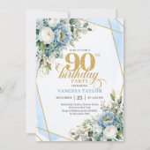 Dusty blue gold botanicals frame 90th birthday einladung (Vorderseite)